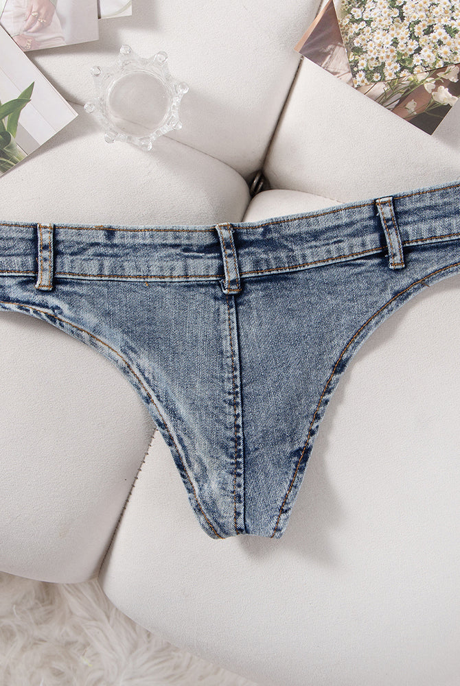 Low-rise denim thong panties in light blue, front view with belt-loop style waistband