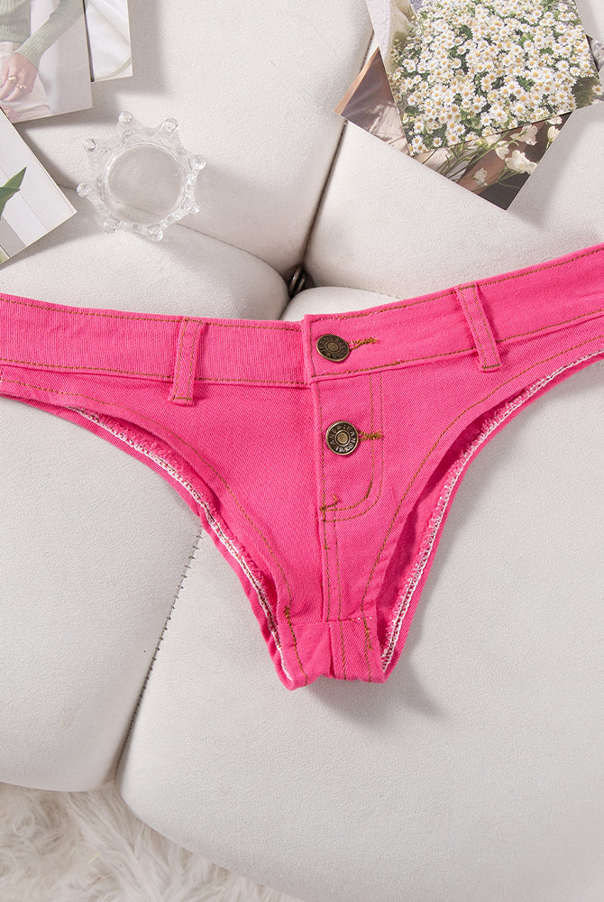 Denim thong low-rise panties in rose red, flat lay with button placket