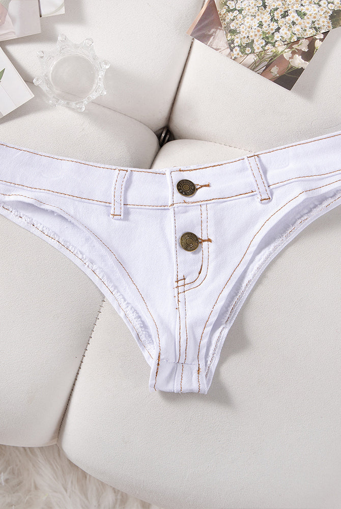 Denim thong low-rise panties in light blue, flat lay with two gold snaps