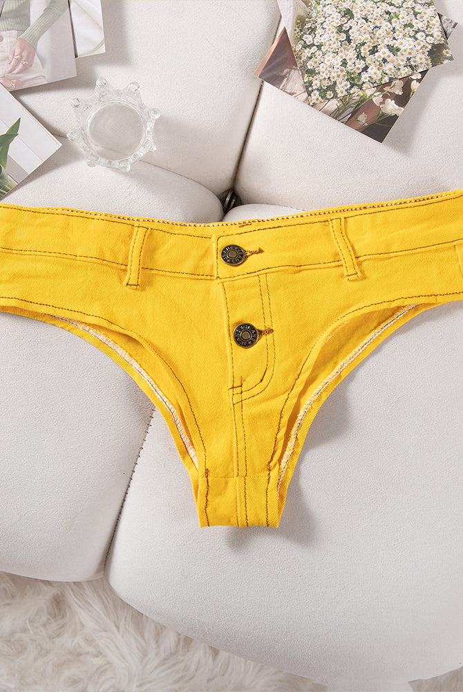 Denim thong low-rise panties in yellow, flat lay with two gold snaps