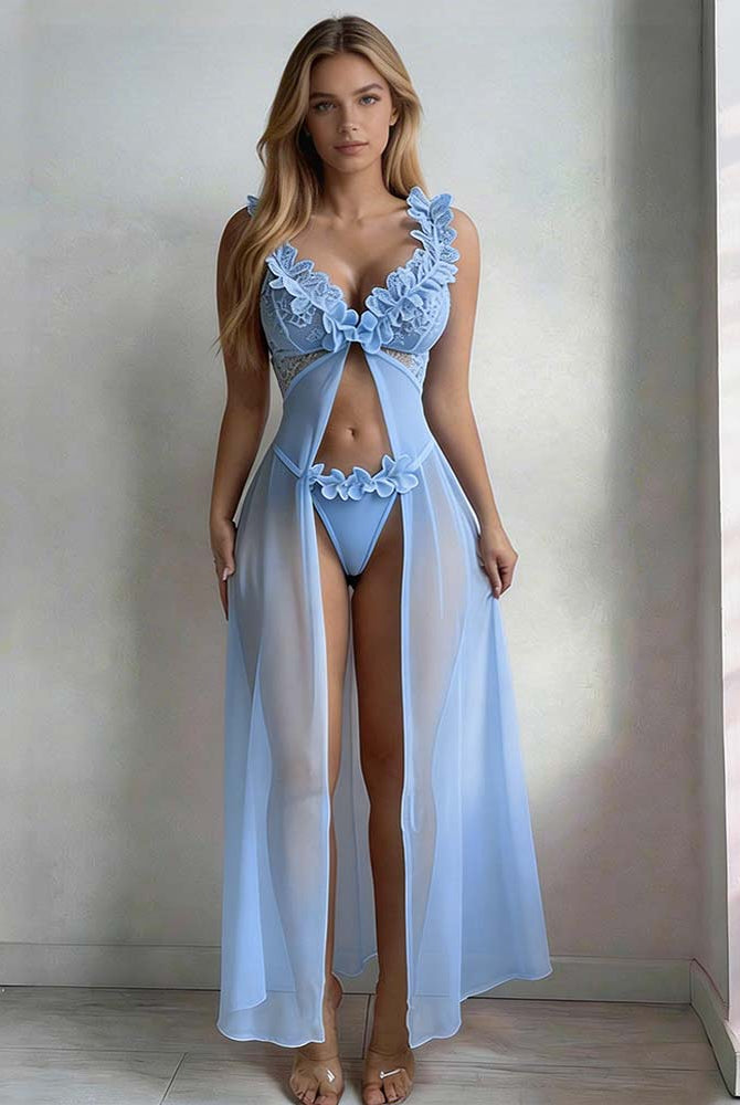 Blue sheer lace maxi skirt and thong set with floral ruffle trim at bust and hem