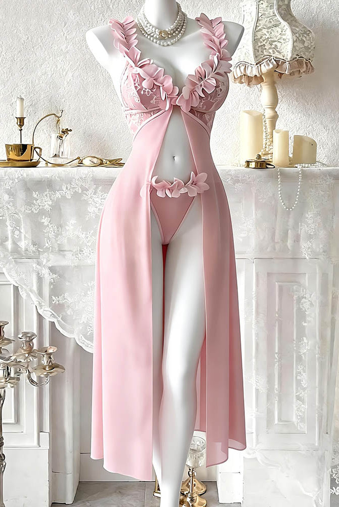 Pink satin and sheer maxi skirt with floral lace trim and matching thong set on mannequin