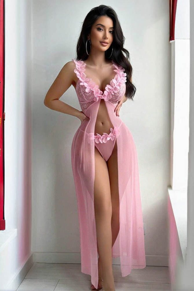Pink sheer lace maxi skirt and thong set with floral ruffle trim and V-front detail
