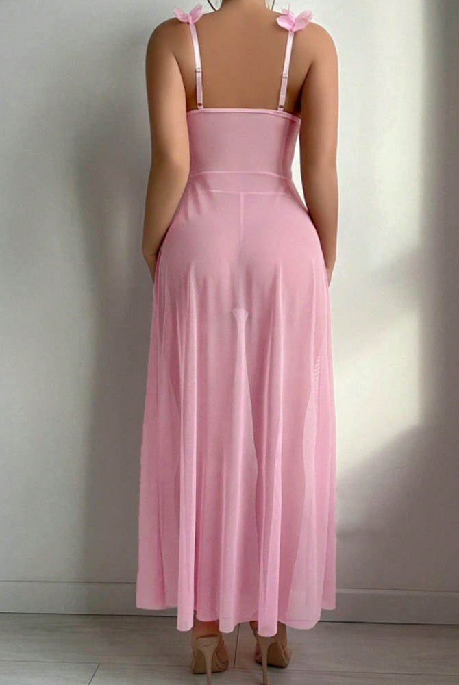 Pink satin and sheer maxi skirt set with bow straps, shown from back view