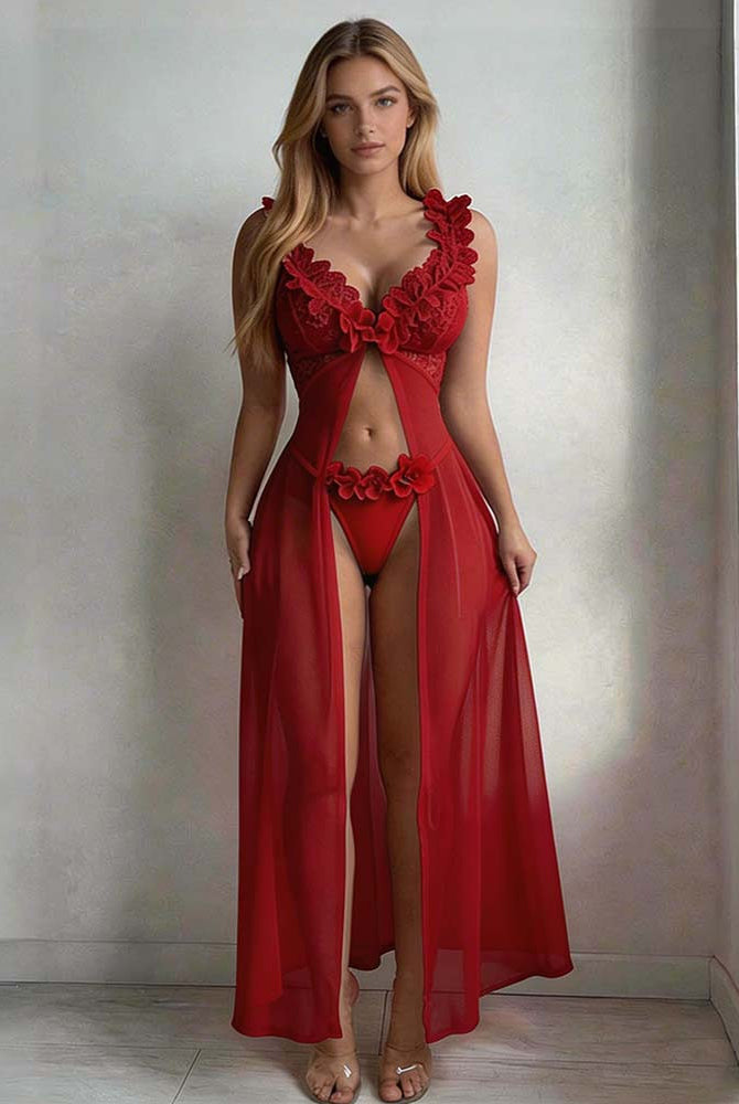 Wine red sheer lace maxi skirt and thong set with floral ruffle trim and tie-front detail
