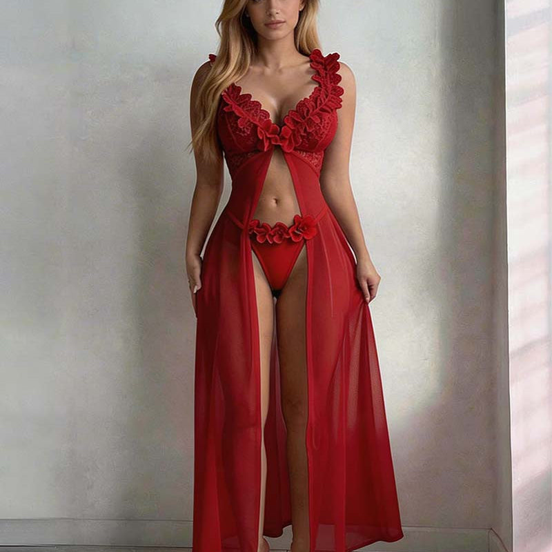 Wine red sheer lace maxi skirt and thong set with floral ruffle trim and tie-front detail