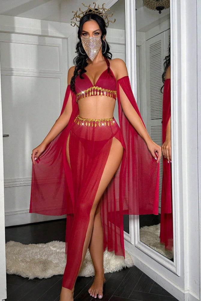 Red sheer halter lingerie set with gold tassel trim, high-slit skirt and arm sleeves