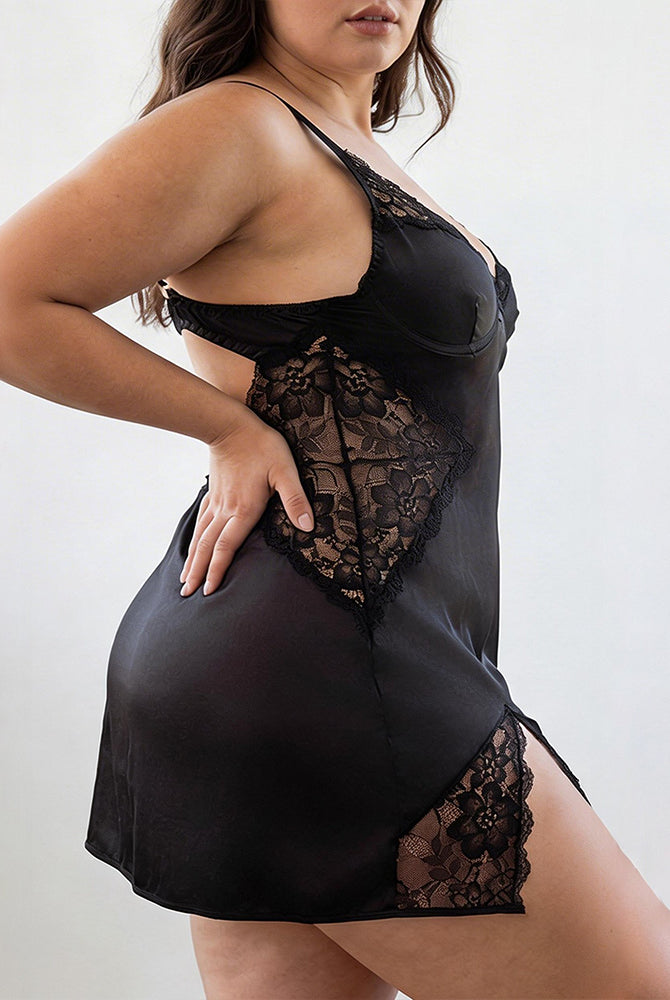 Black satin chemise slip dress with lace appliqué and deep V cups, sleeveless