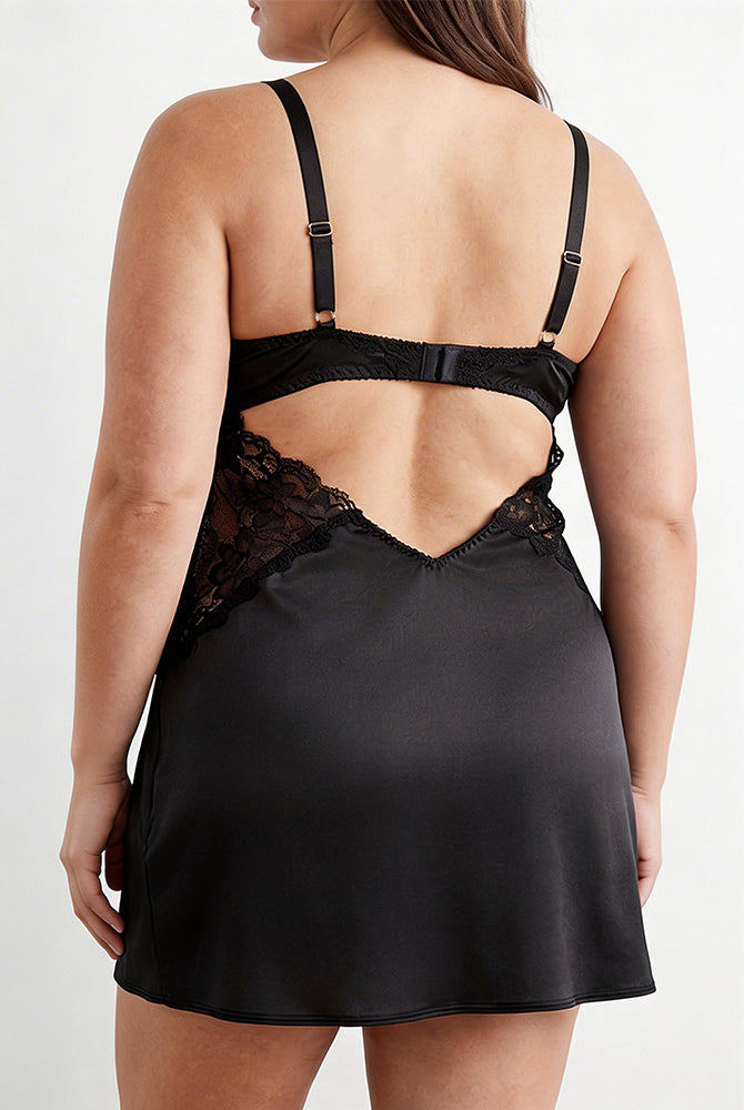 Black satin chemise slip dress with lace back cutout and adjustable shoulder straps