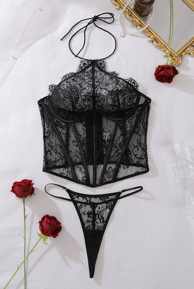 Black sheer mesh lace corset and thong set, halter front, flat lay