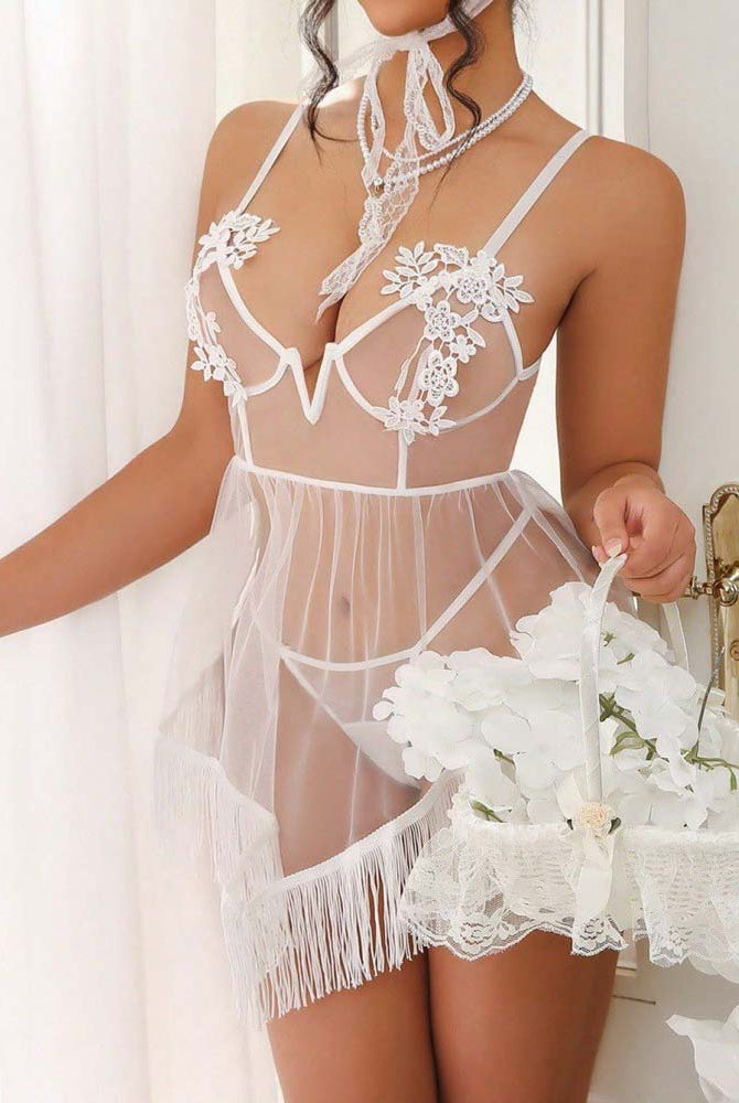 White floral appliqué sheer babydoll lingerie with adjustable straps and fringe hem