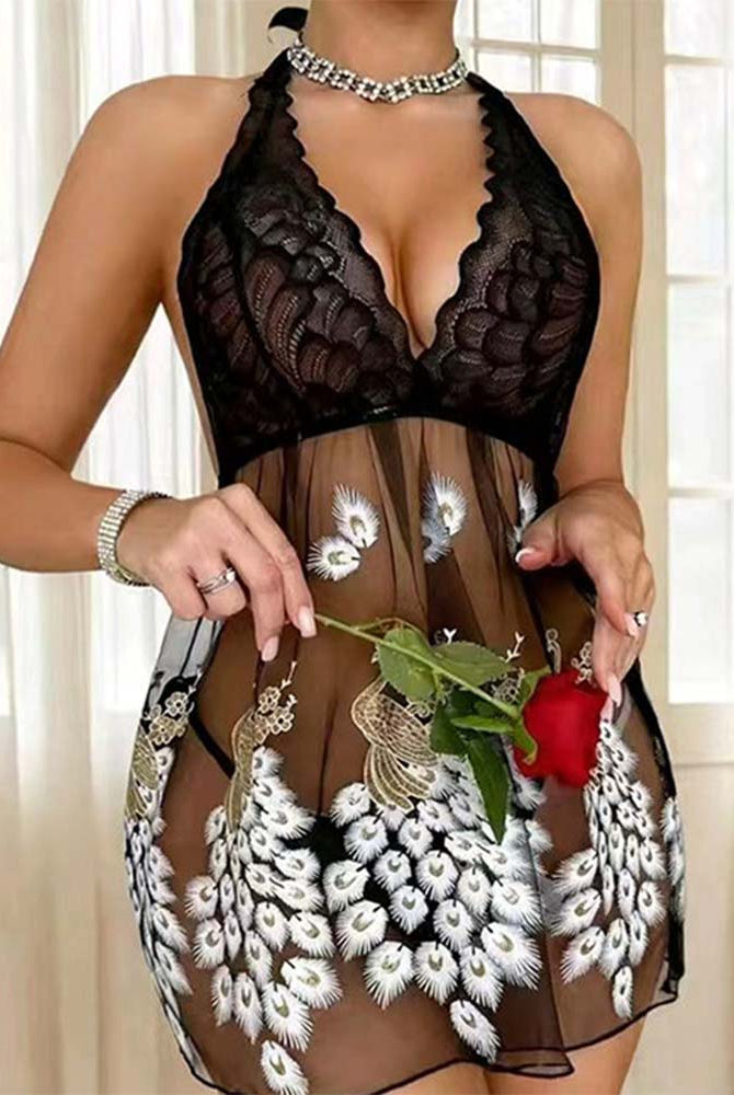Black lace halter babydoll lingerie with sheer skirt and peacock feather print