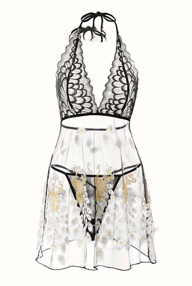 Lace-trim babydoll lingerie with black halter top and sheer skirt with golden motifs