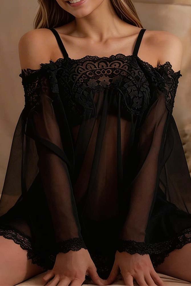 Black mesh babydoll lingerie with lace bodice, long sleeves, and matching thong
