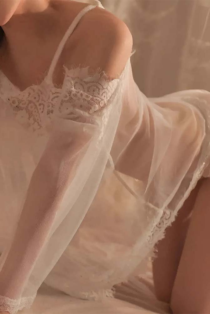 White lace mesh babydoll lingerie with ruffled neckline and scalloped hem
