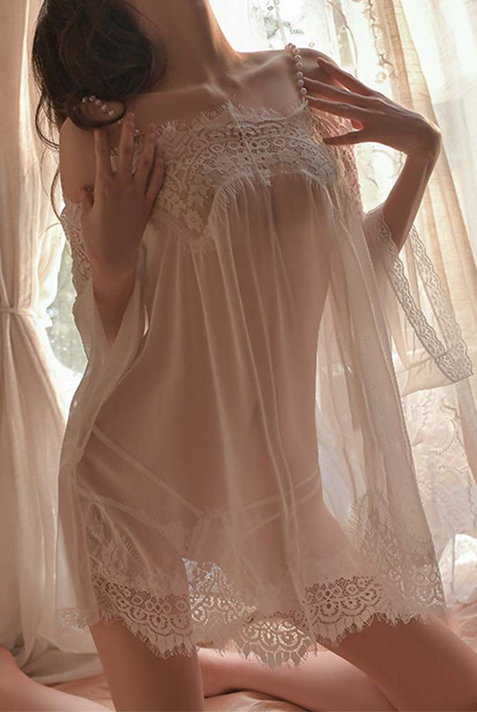 Sheer mesh babydoll lingerie with lace trim and off-shoulder draped sleeves