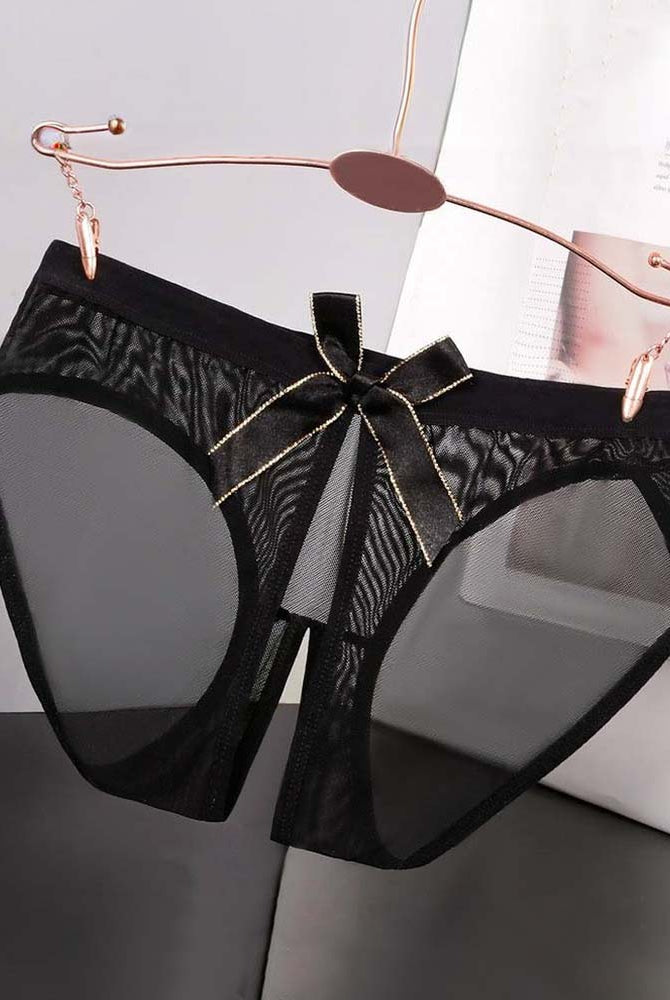 Sheer mesh bow high-cut panties in black satin, front bow and sheer side panels