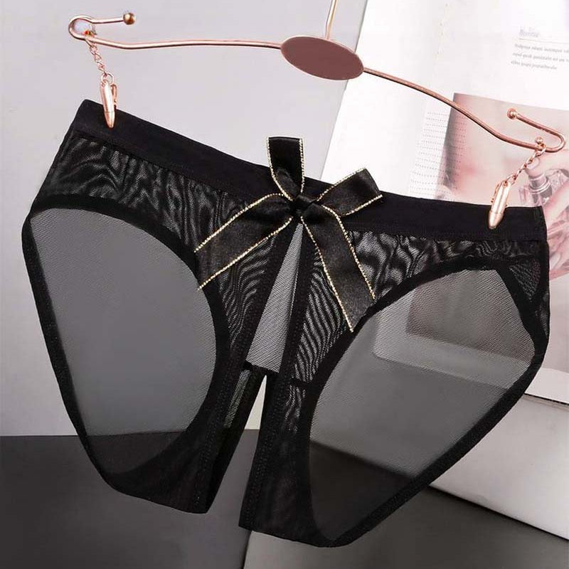 Sheer mesh bow high-cut panties in black satin, front bow and sheer side panels