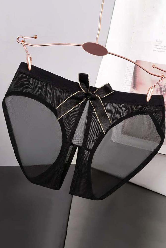 Sheer mesh bow high-cut panties in black satin, scalloped front with lace-like sides