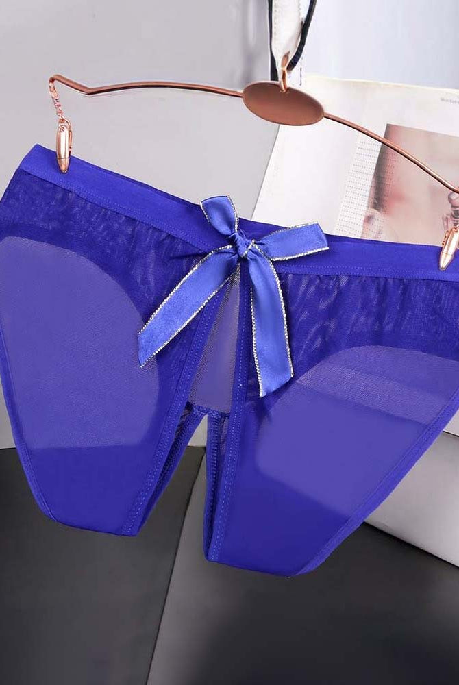 Sheer mesh bow high-cut panties in royal blue satin, center bow with sheer panels