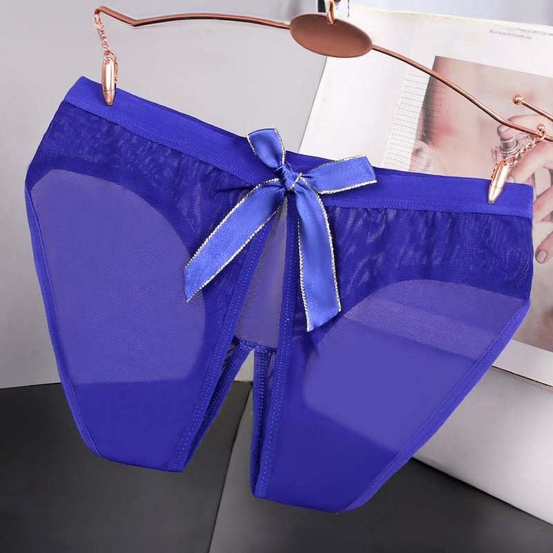 Sheer mesh bow high-cut panties in royal blue satin, center bow with sheer panels