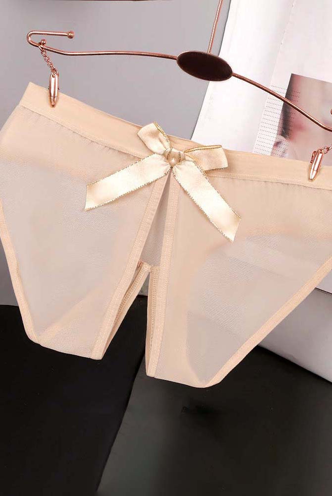 Sheer mesh bow high-cut panties in light khaki satin, ribbon bow at center front