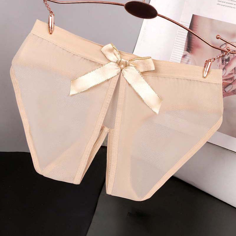 Sheer mesh bow high-cut panties in light khaki satin, ribbon bow at center front