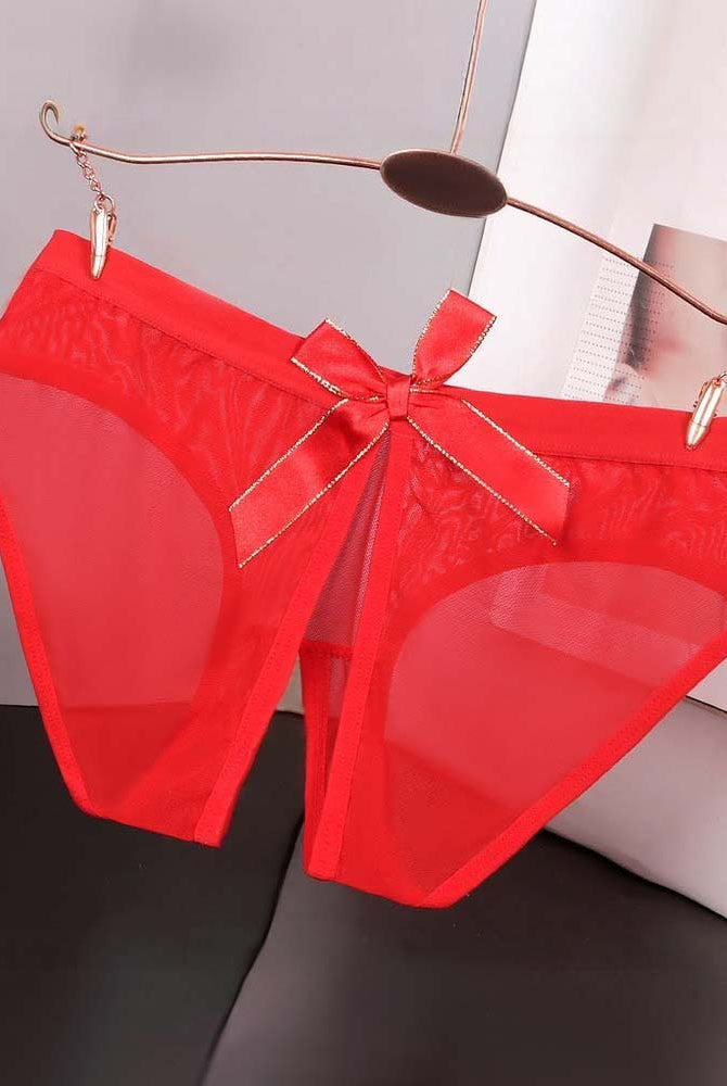 Sheer mesh bow high-cut panties in red satin, large ribbon bow at front