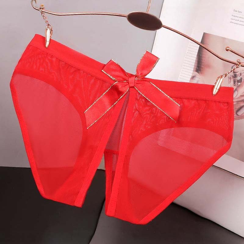 Sheer mesh bow high-cut panties in red satin, large ribbon bow at front