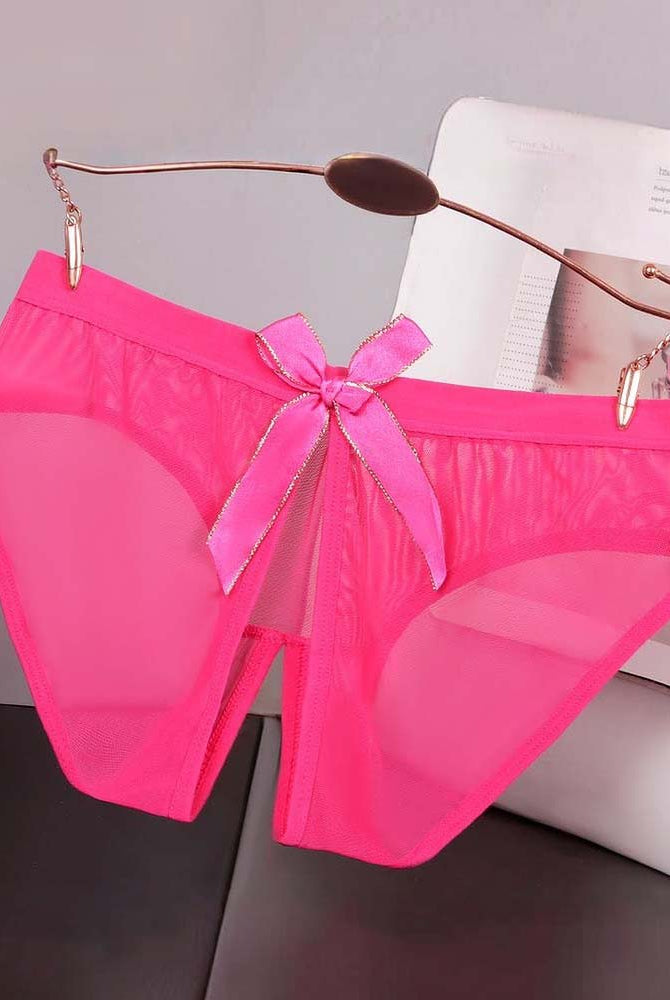 Sheer mesh bow high-cut panties in rose pink satin, bow at center front