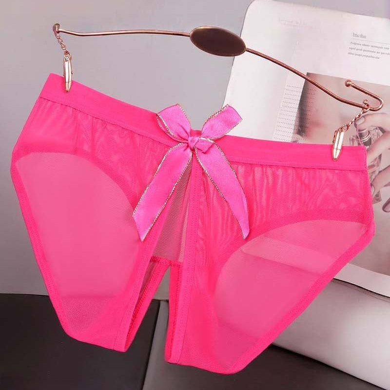 Sheer mesh bow high-cut panties in rose pink satin, bow at center front