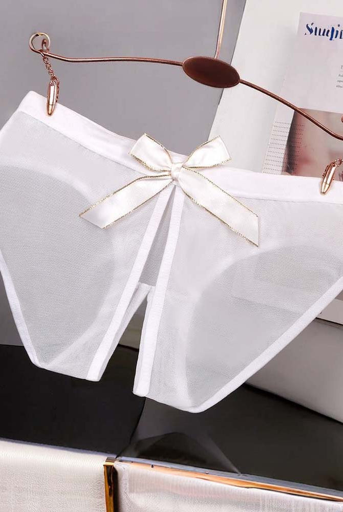 Sheer mesh bow high-cut panties in white satin, wide bow at center front