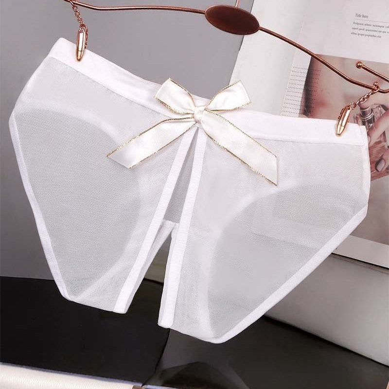 Sheer mesh bow high-cut panties in white satin, wide bow at center front