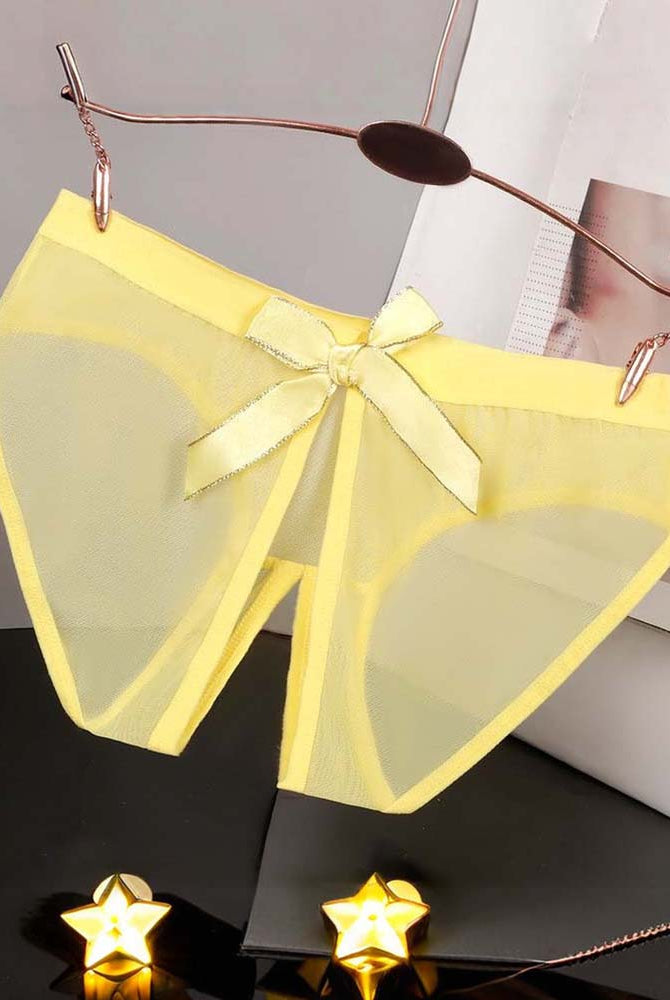 Sheer mesh bow high-cut panties in yellow satin, center ribbon bow with sheer sides