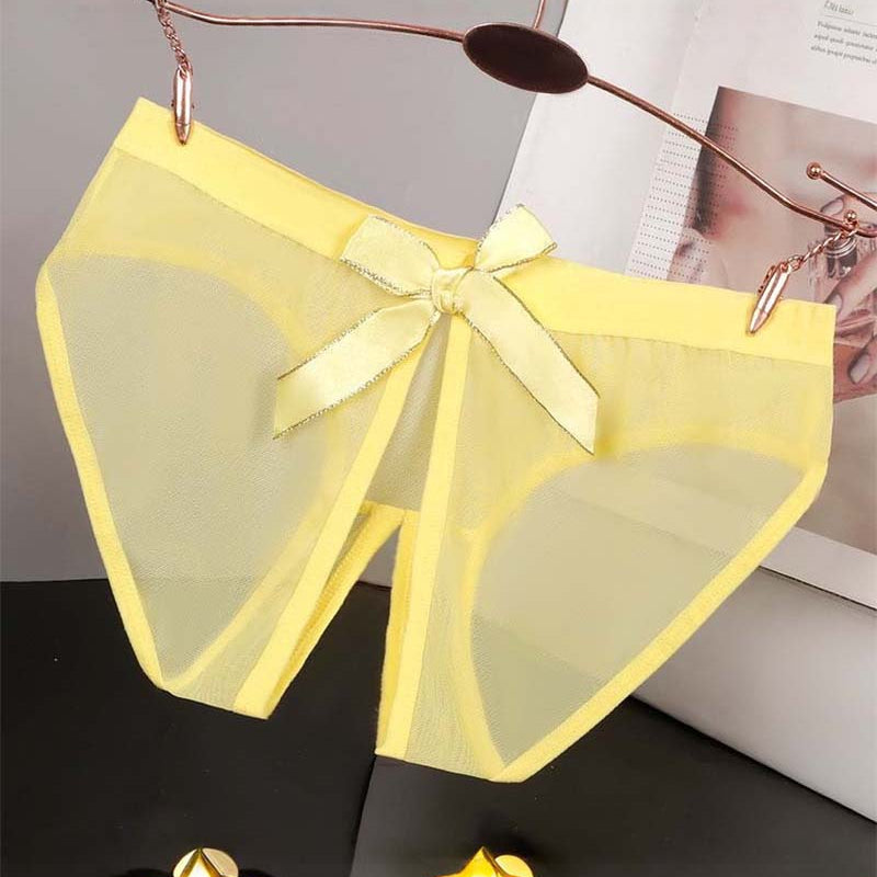 Sheer mesh bow high-cut panties in yellow satin, center ribbon bow with sheer sides