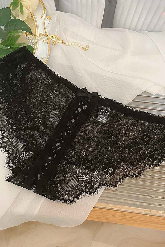 Black lace briefs with lace-up crisscross panel and scalloped edges