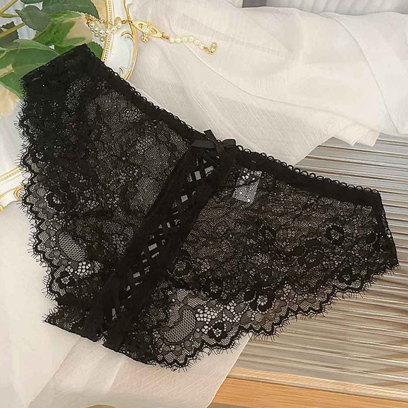 Black lace briefs with lace-up crisscross panel and scalloped edges