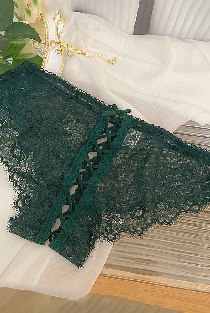 Green lace panties with lace-up crisscross panel and scalloped lace edges
