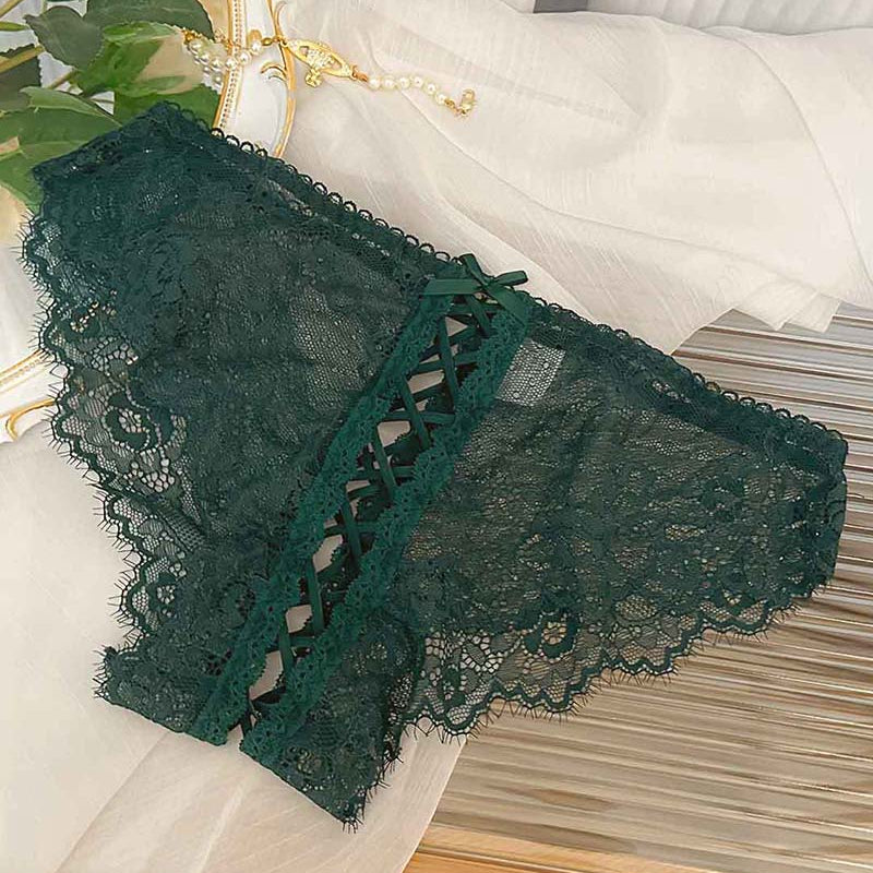 Green lace panties with lace-up crisscross panel and scalloped lace edges