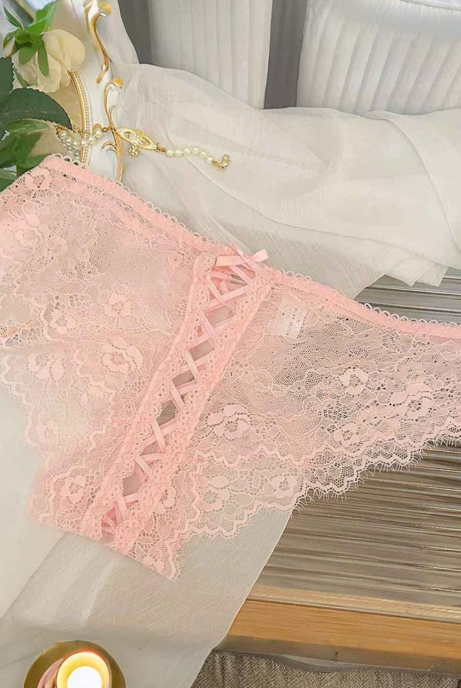 Pink lace panties with lace-up crisscross panel and scalloped lace trim