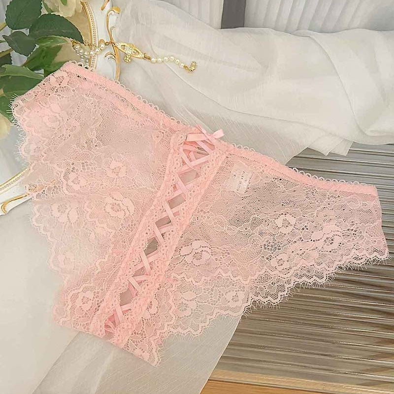 Pink lace panties with lace-up crisscross panel and scalloped lace trim