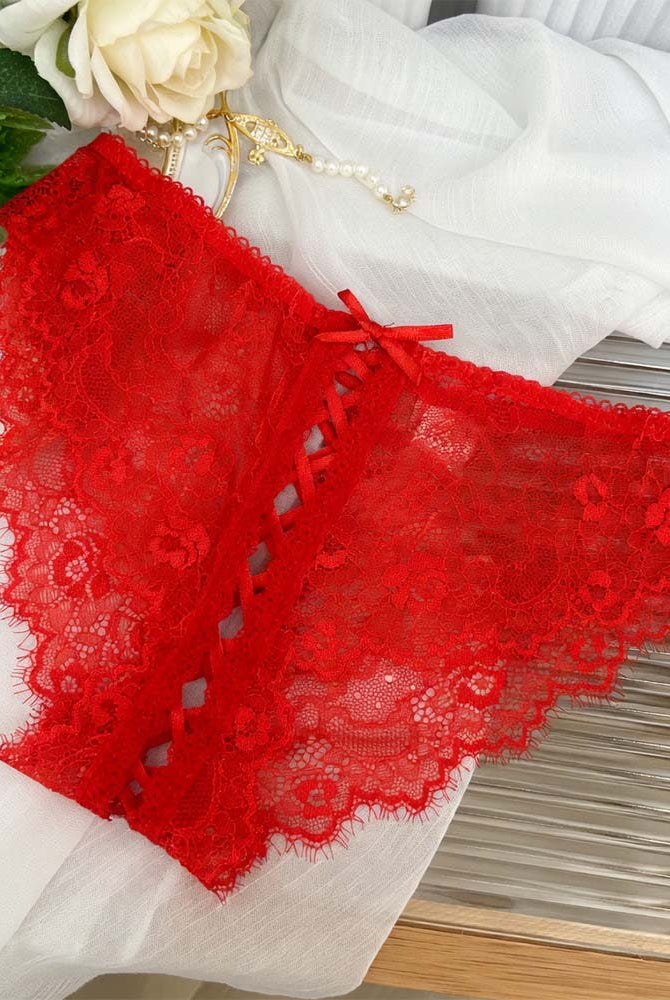 Red lace panties with lace-up crisscross panel and scalloped lace trim