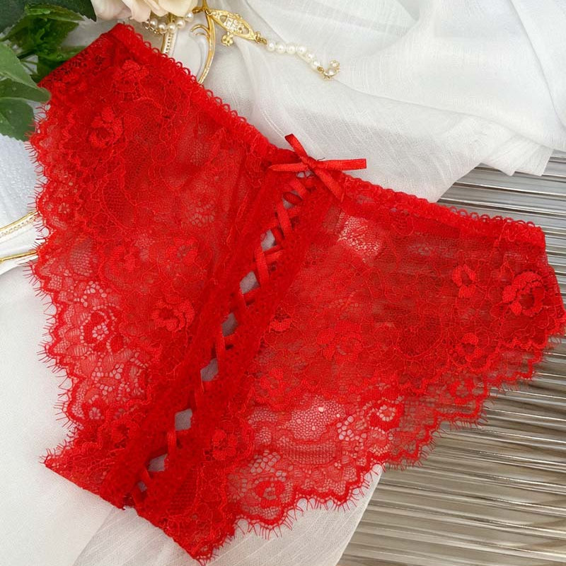 Red lace panties with lace-up crisscross panel and scalloped lace trim
