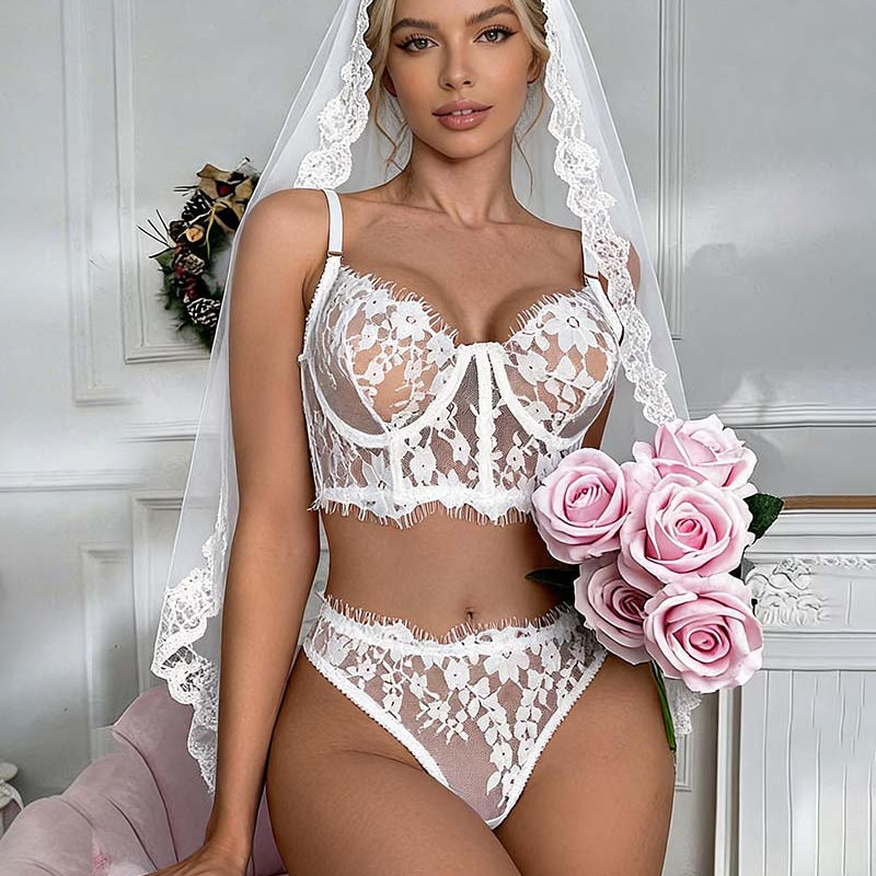 Embroidery Floral Lingerie Set Sheer Bralette Bra and Panties