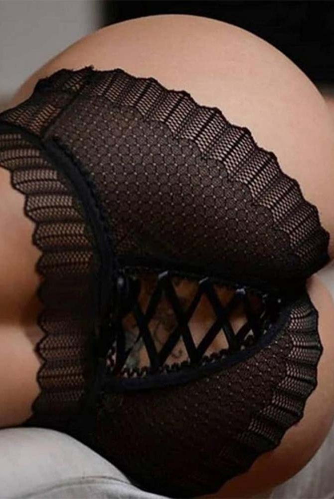 Black lace crisscross panties with scalloped edges and diamond mesh panels