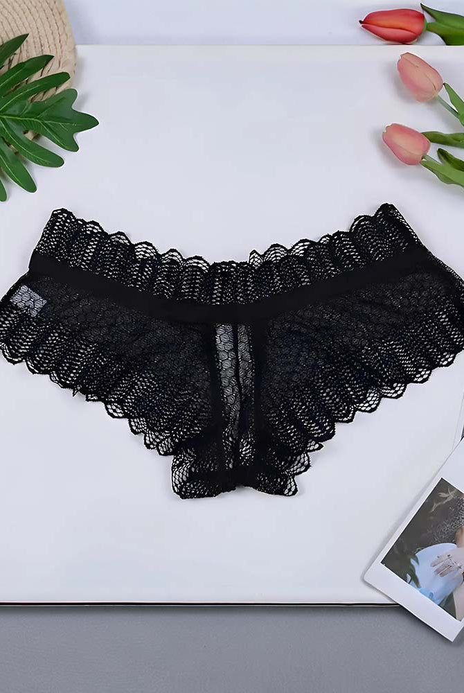 Black lace panties with scalloped trim and V-cut front sheer panel