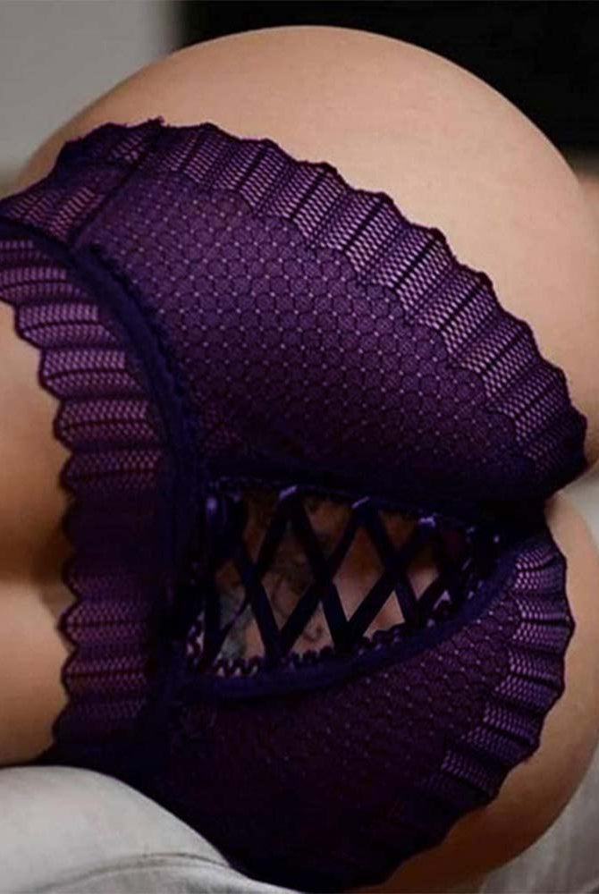 Purple lace crisscross panties with scalloped edges and lattice midsection