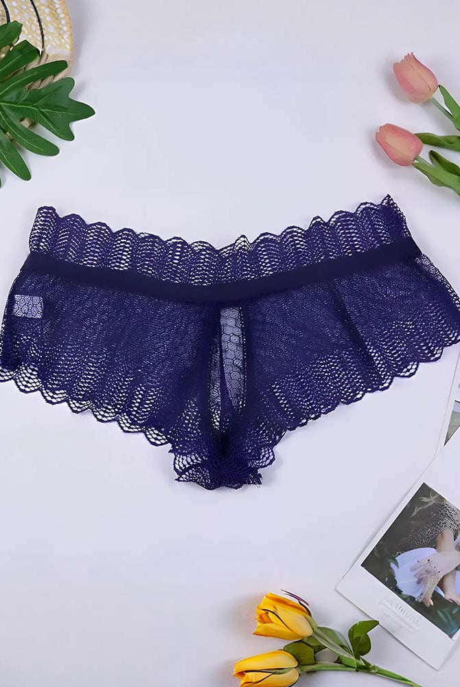 Navy blue lace thong-style panties with scalloped waistband and sheer front