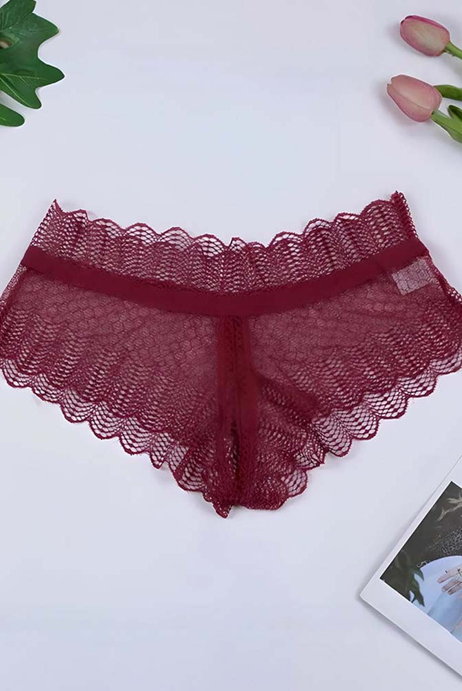Red lace panties with scalloped waistband and sheer, breathable mesh front