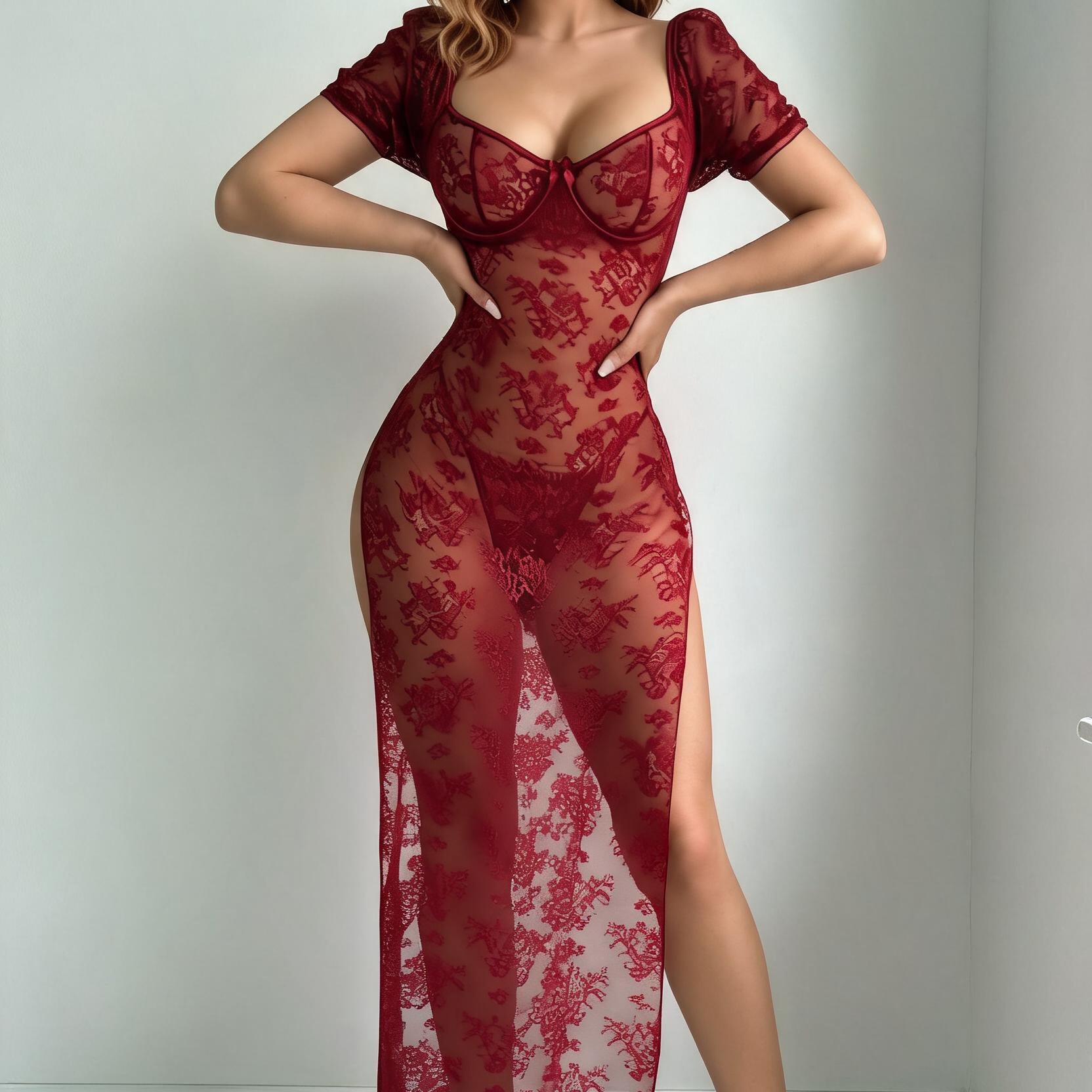 Sheer lace maxi dress in wine red, V-neck, short sleeves, bodycon slit